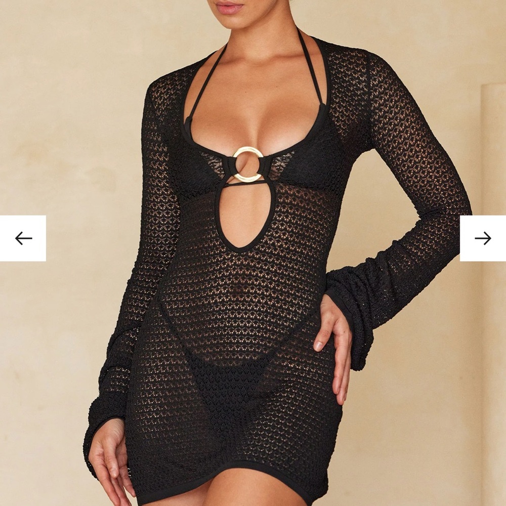 Monday Swim Black Crochet Long Sleeve Swim Cover-Up with Ring Detail